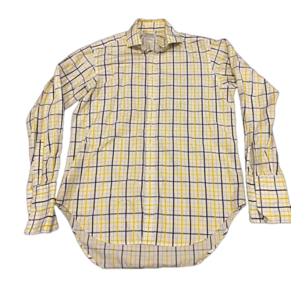 T.M. Lewin Men's Dress Shirt 16-35 Yellow blue  Windowpane Cotton